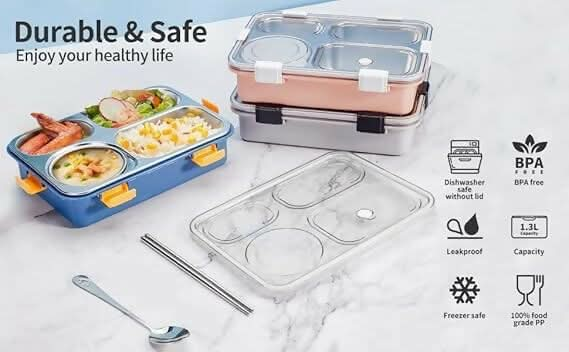 4-Compartment Stainless Steel Lunch Box Reusable,Microwave & Freezer Safe for Kids & Adults Online now